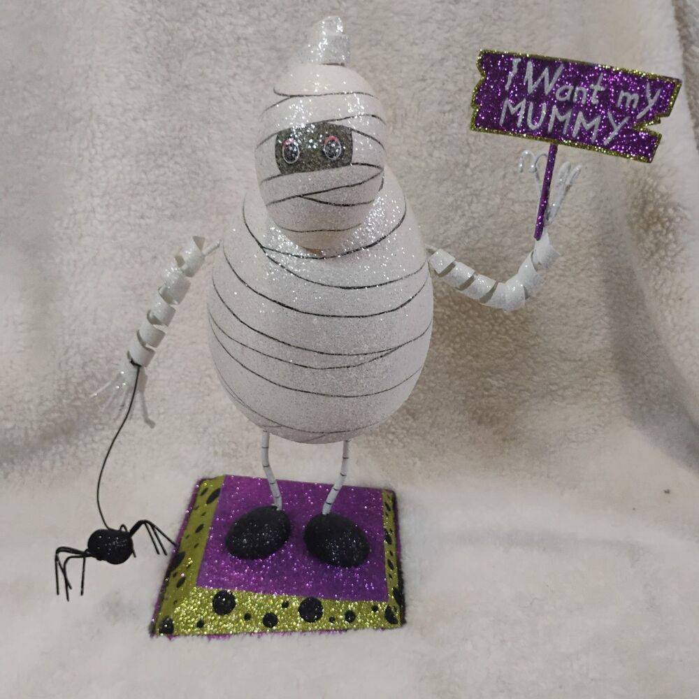 Pier 1 Imports HTF Glitter Mummy Figurine I Want My Mummy Sign Spider Halloween